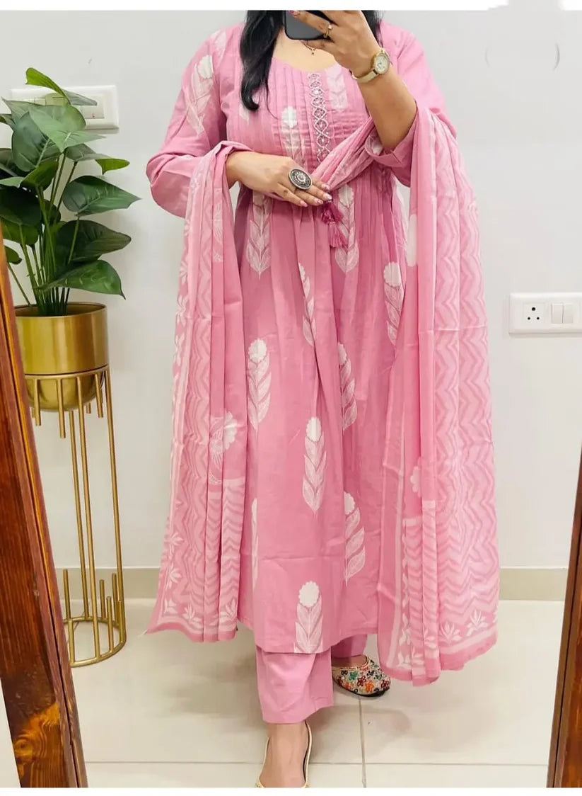 Pink Cotton Kurti Suit With Hand Work