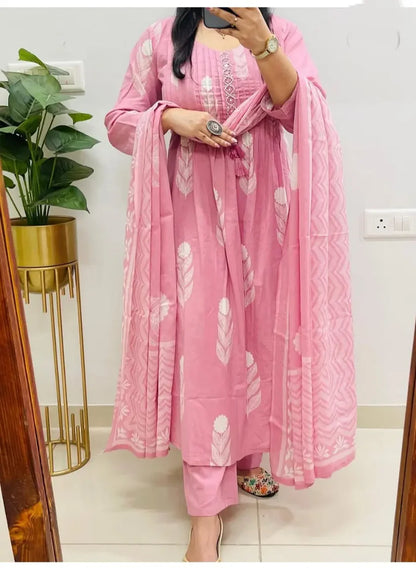 Pink Cotton Kurti Suit With Hand Work