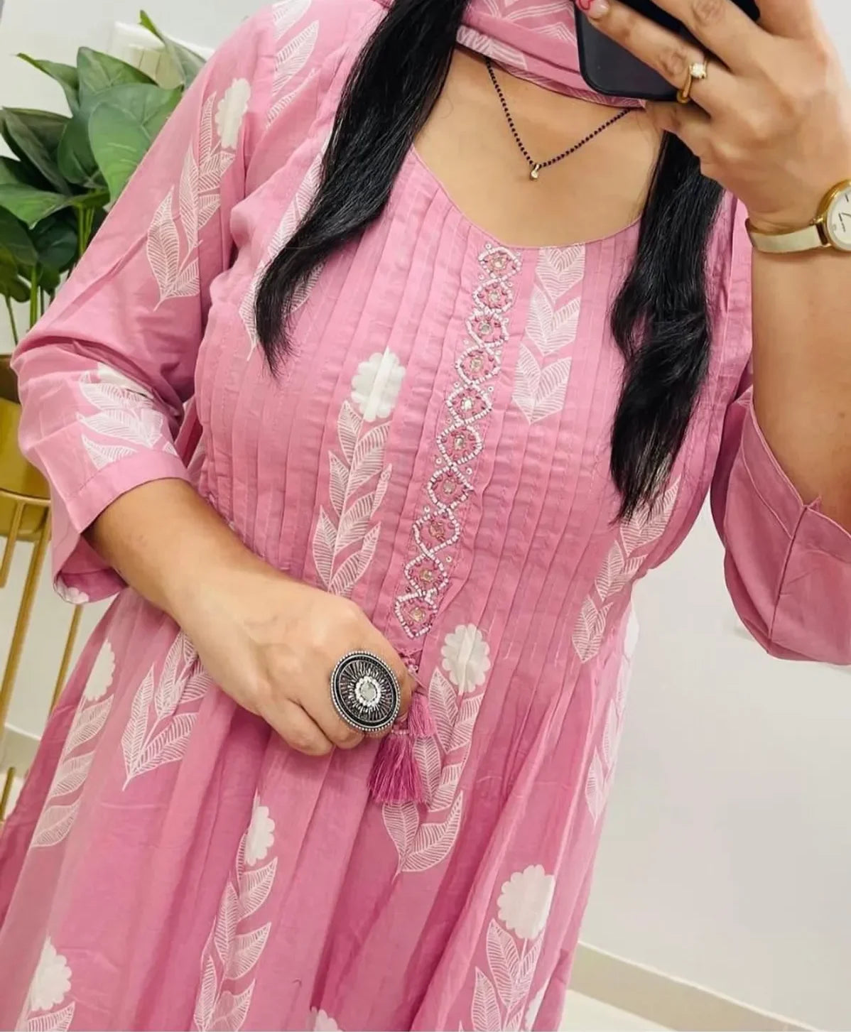 Pink Cotton Kurti Suit With Hand Work