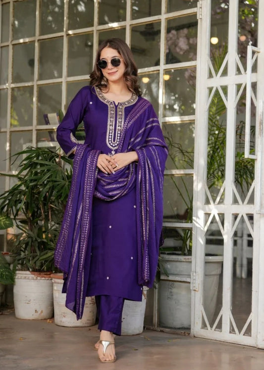 Dark Indigo Viscose Chanderi Kurti Suit With Sequins Work