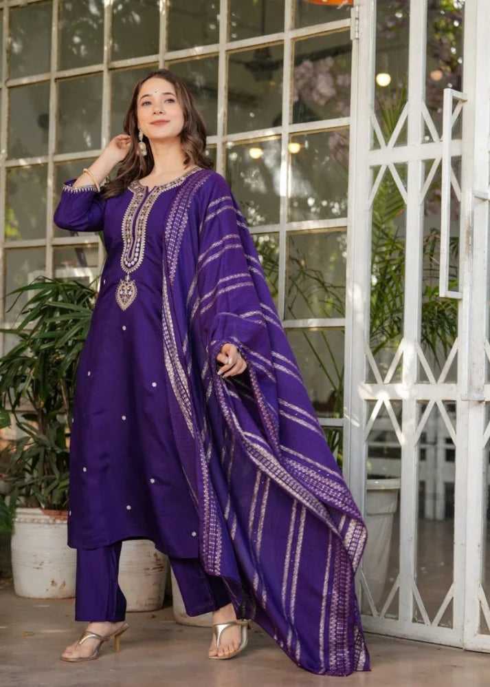 Dark Indigo Viscose Chanderi Kurti Suit With Sequins Work