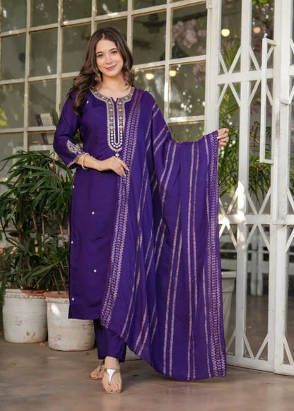 Dark Indigo Viscose Chanderi Kurti Suit With Sequins Work