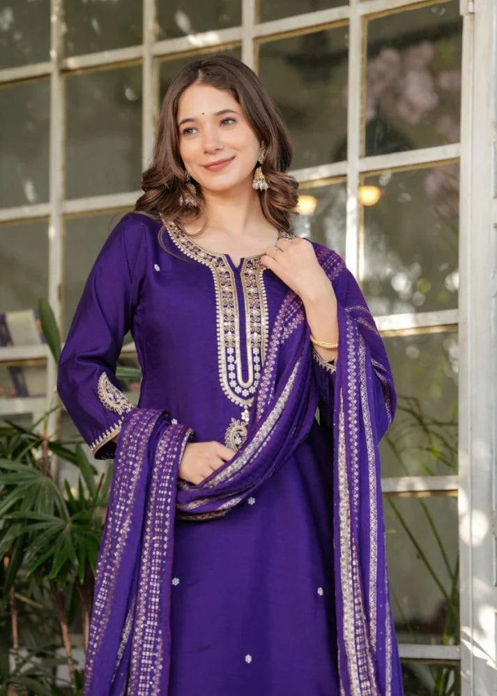 Dark Indigo Viscose Chanderi Kurti Suit With Sequins Work