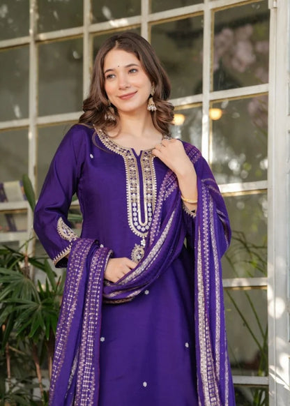 Dark Indigo Viscose Chanderi Kurti Suit With Sequins Work