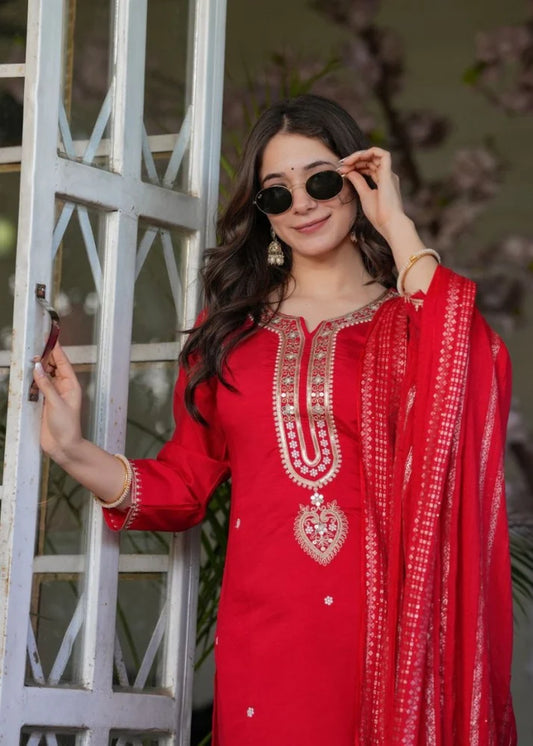 Red Viscose Chanderi Kurti Suit With Sequins Work