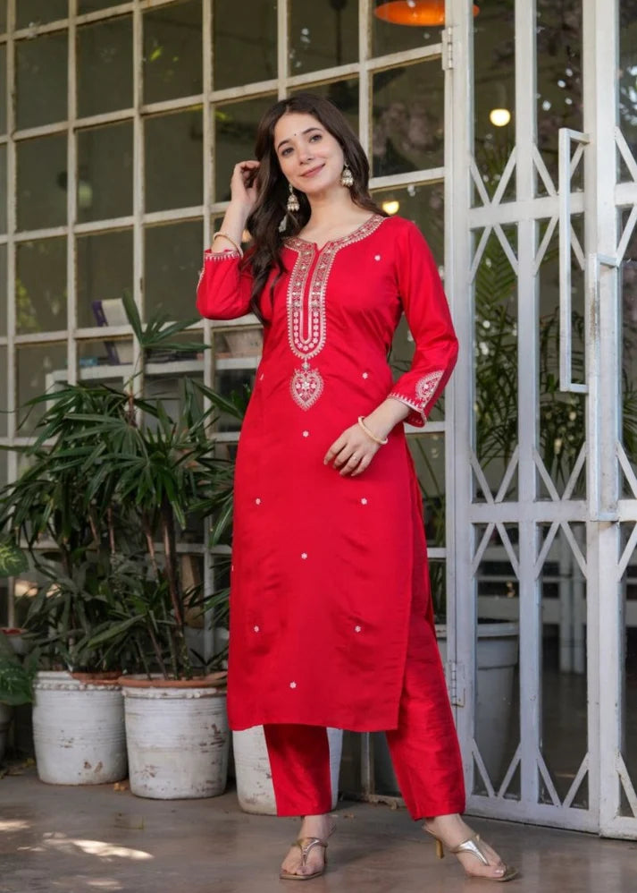 Red Viscose Chanderi Kurti Suit With Sequins Work