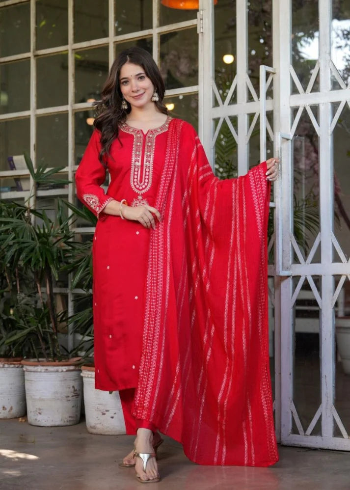 Red Viscose Chanderi Kurti Suit With Sequins Work