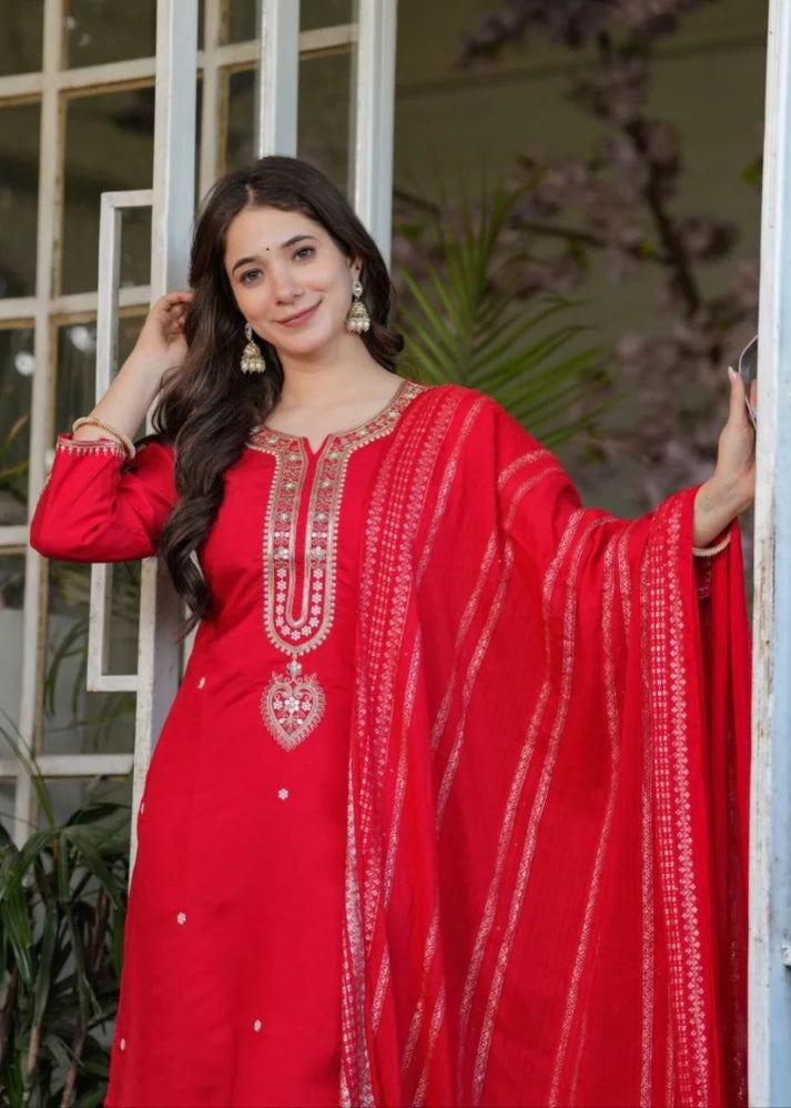 Red Viscose Chanderi Kurti Suit With Sequins Work
