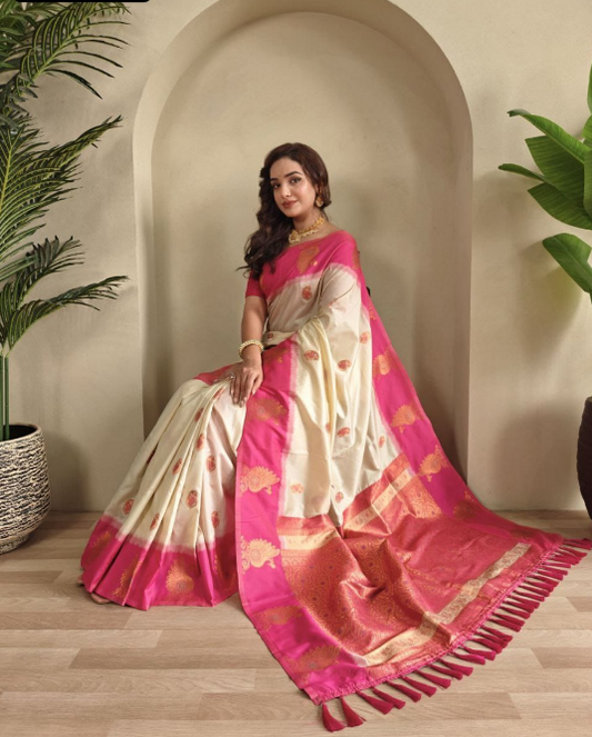 Elegant Dual Tone Silk Saree Along With Unique Peacock Motifs In Border