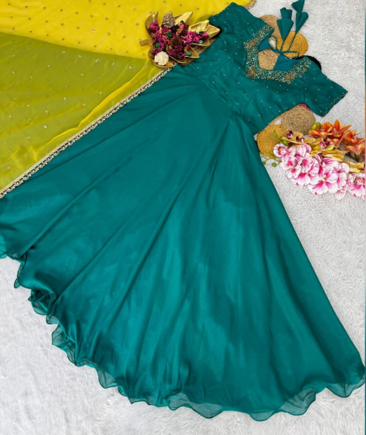 Stunning Green Anarkali Gown With Sequins Embroidery Yellow Dupatta