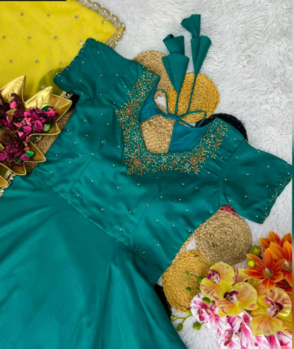 Stunning Green Anarkali Gown With Sequins Embroidery Yellow Dupatta