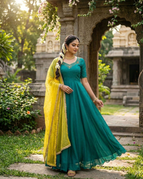 Stunning Green Anarkali Gown With Sequins Embroidery Yellow Dupatta