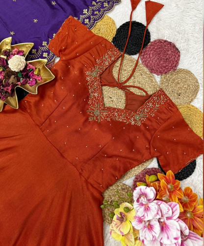 Gorgeous Orange Anarkali Gown With Sequins Embroidery Purple Dupatta