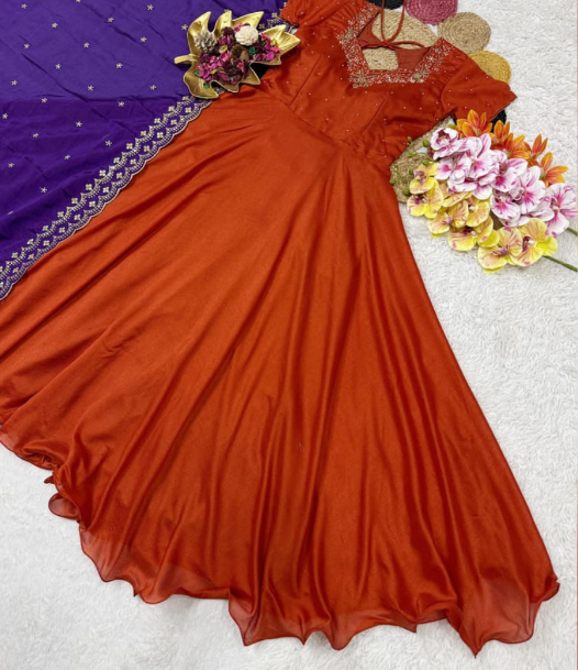 Gorgeous Orange Anarkali Gown With Sequins Embroidery Purple Dupatta