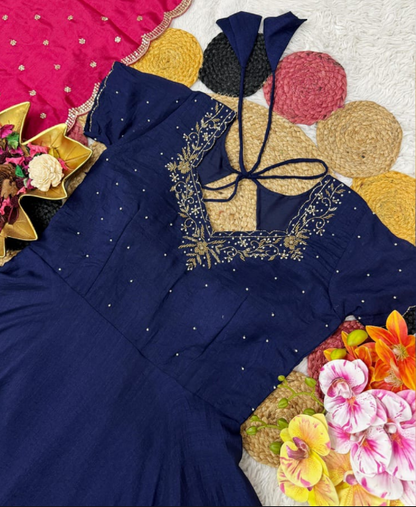 Elegant Navy Blue Anarkali Gown With Sequins Embroidery Pink Dupatta