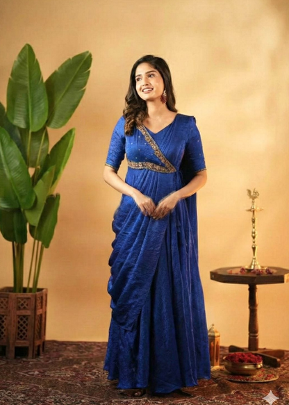 Elegant Silk Pre-Draped Anarkali Gown With Thread Embroidery Work