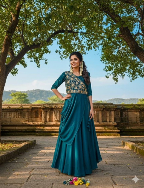 Gorgeous Silk Pre-Draped Anarkali Gown With Embroidery