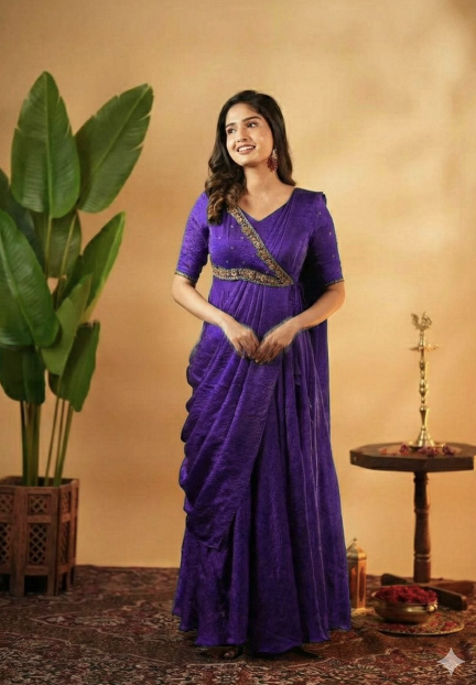Gorgeous Silk Pre-Draped Anarkali Gown With Embroidery