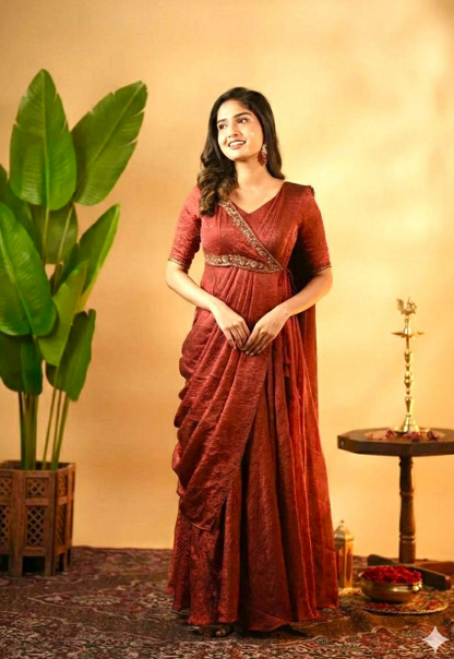 Elegant Silk Pre-Draped Anarkali Gown With Thread Embroidery Work