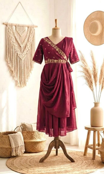 Gorgeous Silk Pre-Draped Anarkali Gown With Embroidery