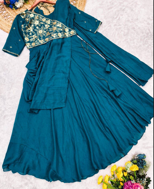 Gorgeous Silk Pre-Draped Anarkali Gown With Embroidery