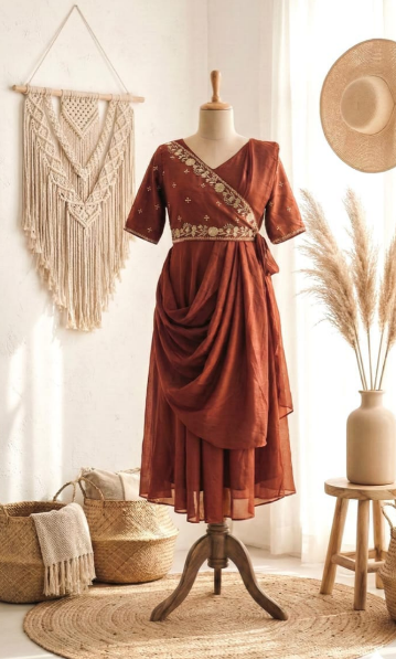 Elegant Silk Pre-Draped Anarkali Gown With Thread Embroidery Work
