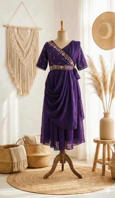 Gorgeous Silk Pre-Draped Anarkali Gown With Embroidery