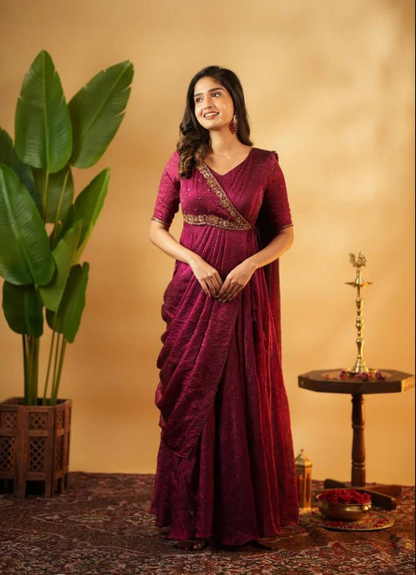 Gorgeous Silk Pre-Draped Anarkali Gown With Embroidery