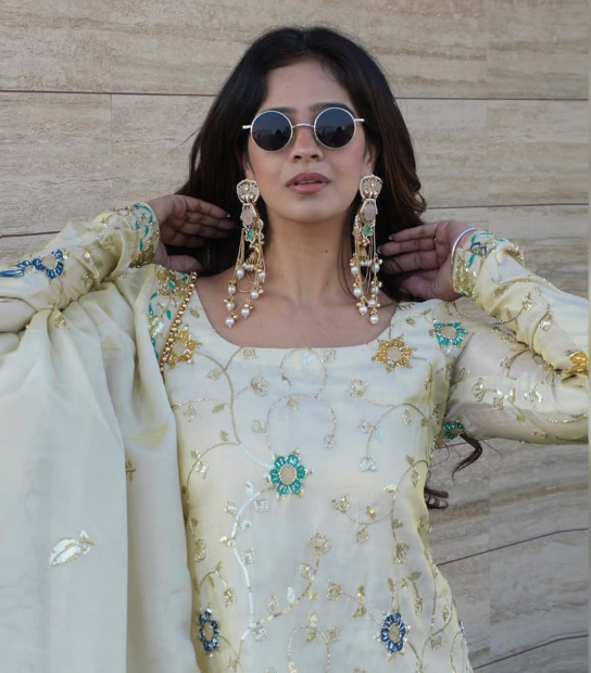 Elegant Cream Sharara Suit With Exclusive Beads Embroidery Work