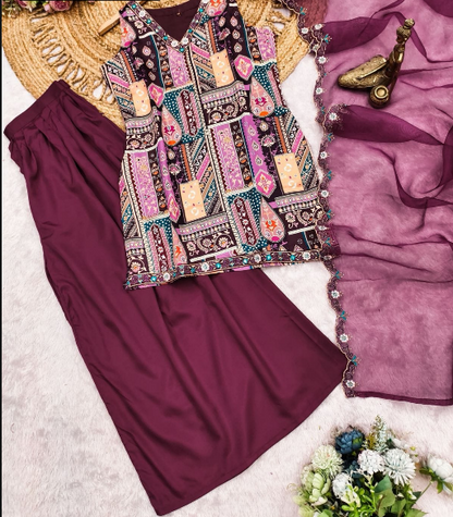 Gorgeous Wine Kurti Set With Organza Dupatta