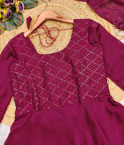 Wine Sparkling Georgette Embroidery Anarkali Suit With Dupatta