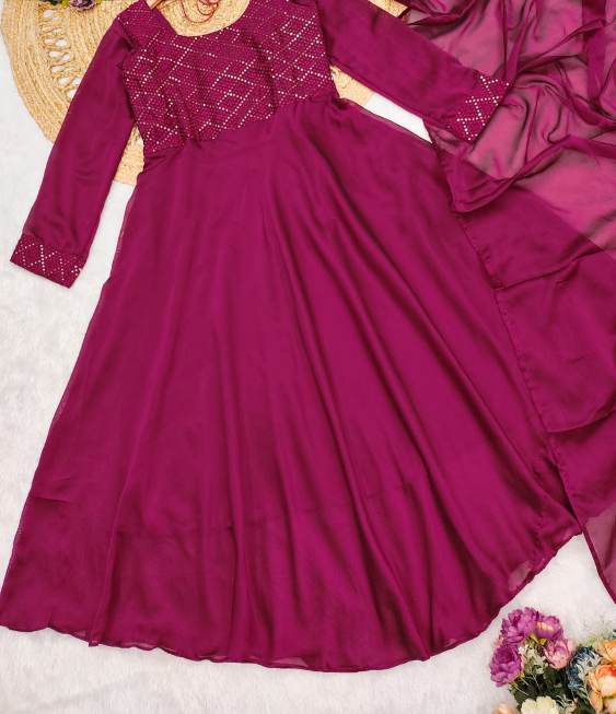 Wine Sparkling Georgette Embroidery Anarkali Suit With Dupatta