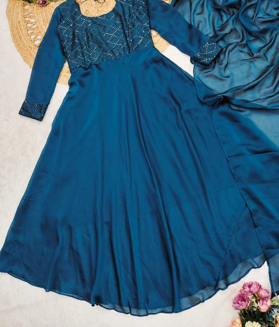 Gorgeous Teal Blue Georgette Embroidery Anarkali Suit With Dupatta