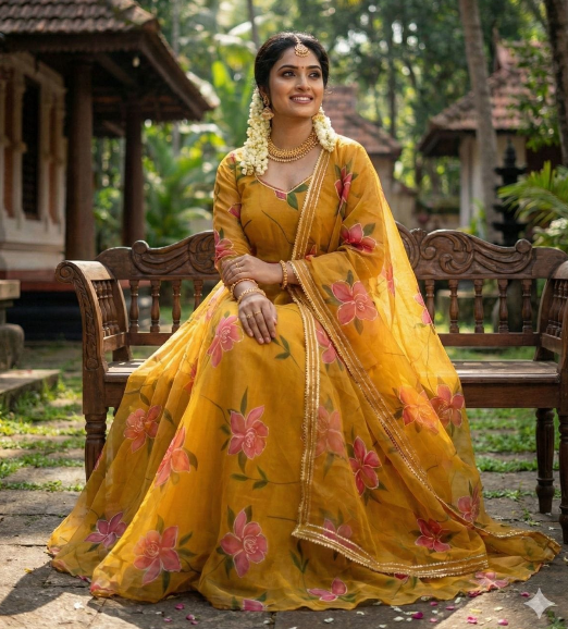Yellow Tabby Organza Anarkali Suit With Floral Printed Work