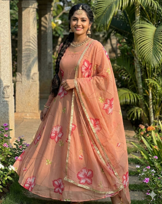 Orange Tabby Organza Anarkali Suit With Floral Printed Work