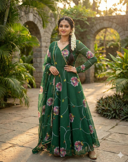 Green Tabby Organza Anarakali Suit With Floral Printed Work