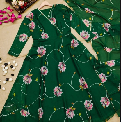 Green Tabby Organza Anarakali Suit With Floral Printed Work