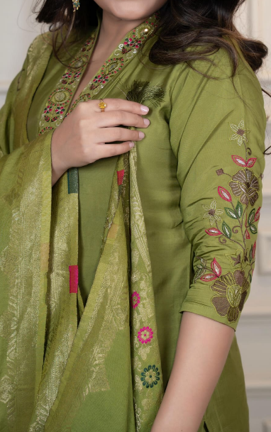 Premium Green Roman Silk Hand Work Kurta Set With Nylon Dupatta