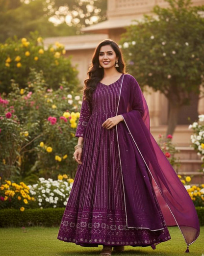 Gorgeous Wine Purple Georgette Anarkali With Sequins Work