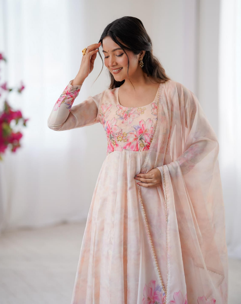 Super Taby Silk Organza Anarkali Set With Floral Digital Print