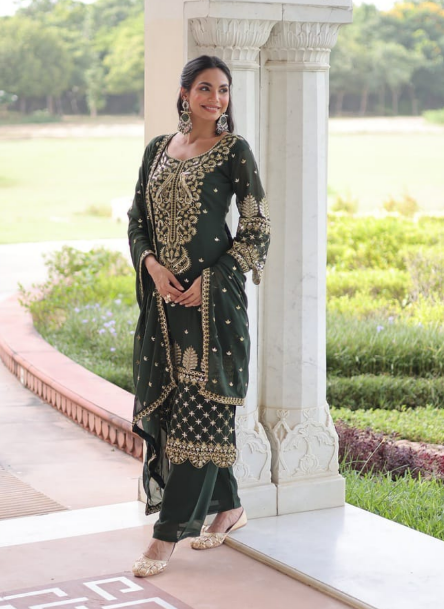 Gorgeous Green Faux Blooming Kurti Suit With Embroidered Work