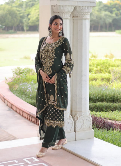 Gorgeous Green Faux Blooming Kurti Suit With Embroidered Work