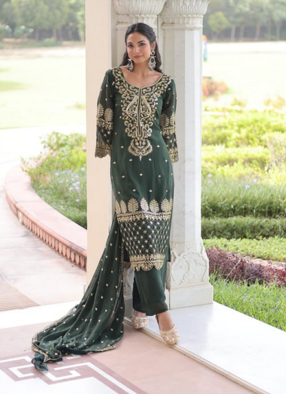 Gorgeous Green Faux Blooming Kurti Suit With Embroidered Work