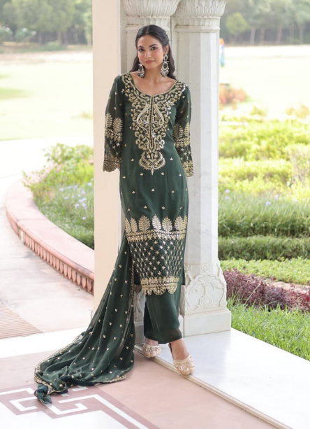 Gorgeous Green Faux Blooming Kurti Suit With Embroidered Work