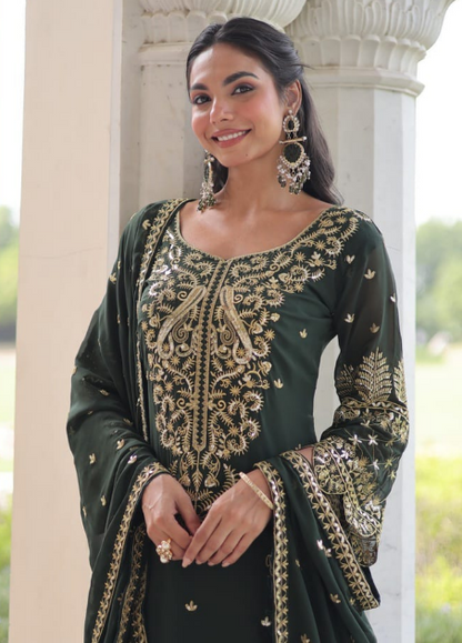 Gorgeous Green Faux Blooming Kurti Suit With Embroidered Work