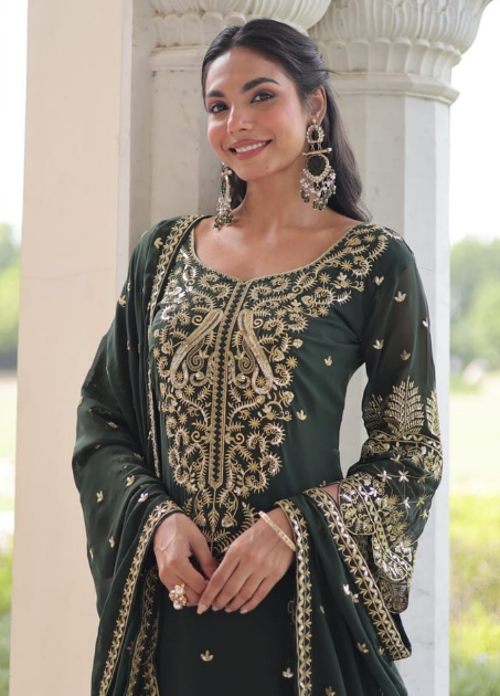 Gorgeous Green Faux Blooming Kurti Suit With Embroidered Work