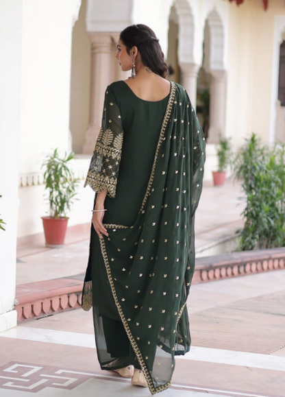 Gorgeous Green Faux Blooming Kurti Suit With Embroidered Work
