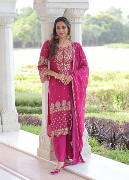 Stunning Pink Faux Blooming Kurti Suit With Embroidered Work