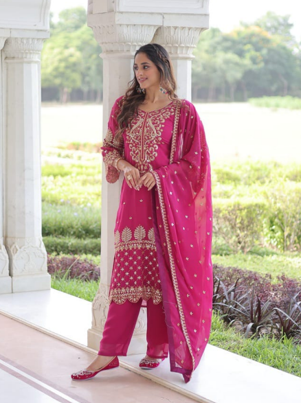 Stunning Pink Faux Blooming Kurti Suit With Embroidered Work