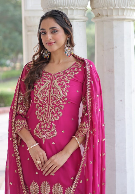Stunning Pink Faux Blooming Kurti Suit With Embroidered Work